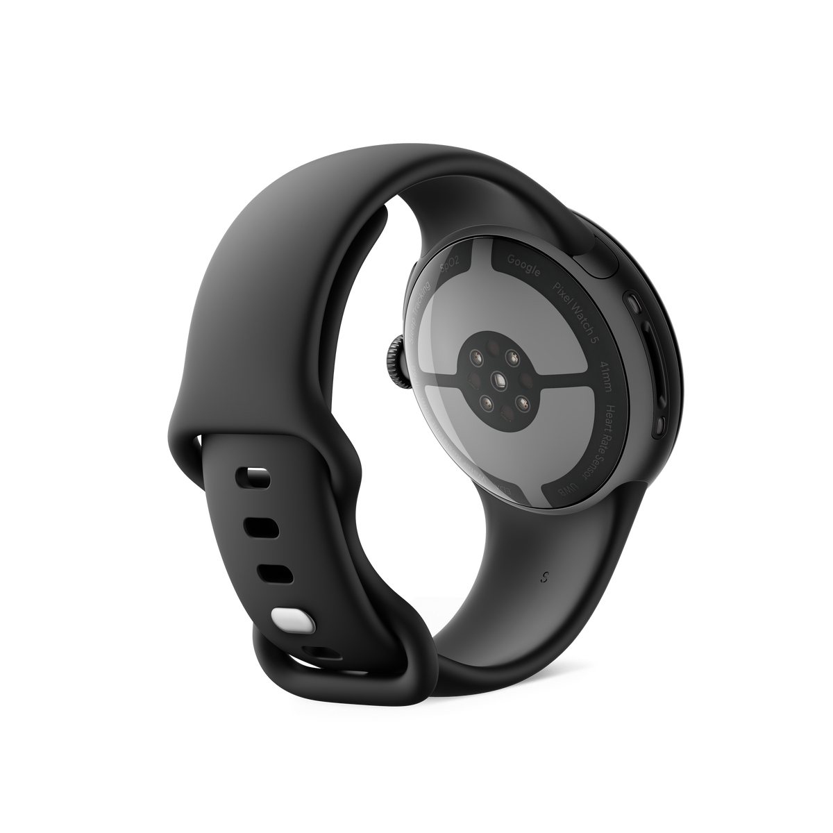 Google Pixel Watch 5, Black, Obsidian Band, Wi-Fi, angled back