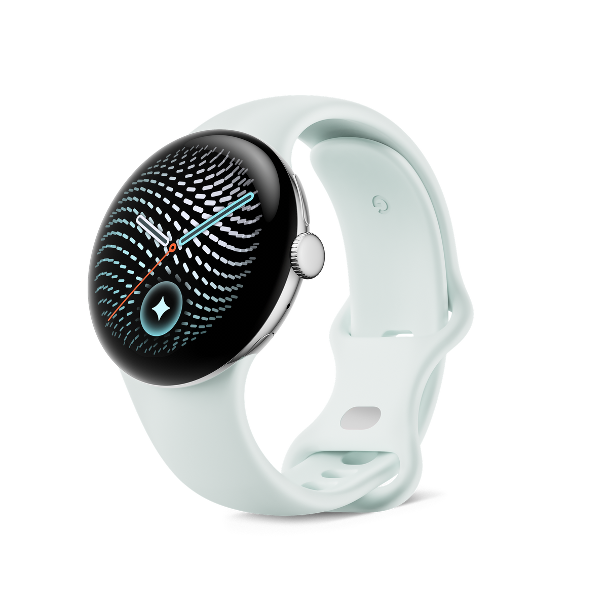 Google Pixel Watch 5, Silver, Fog Band, Wi-Fi, angled front