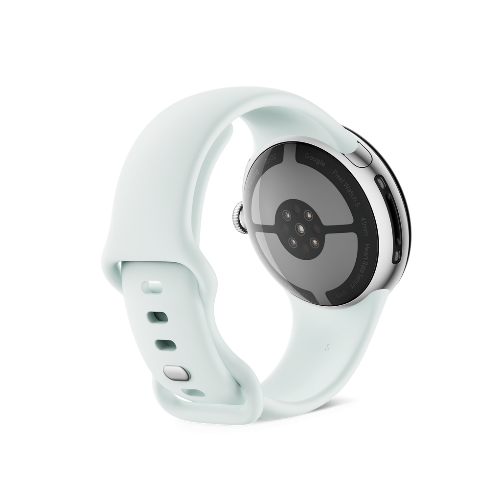 Google Pixel Watch 5, Silver, Fog Band, Wi-Fi, angled back